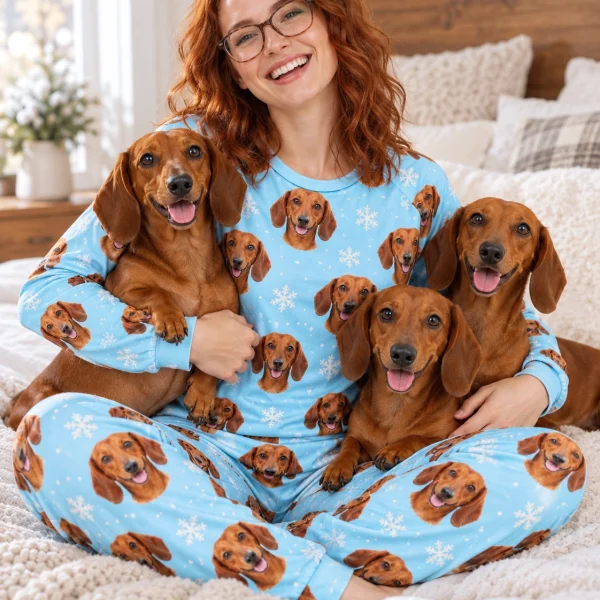 Woman in matching dachshund pajamas with her Dachshund — MyDogPics