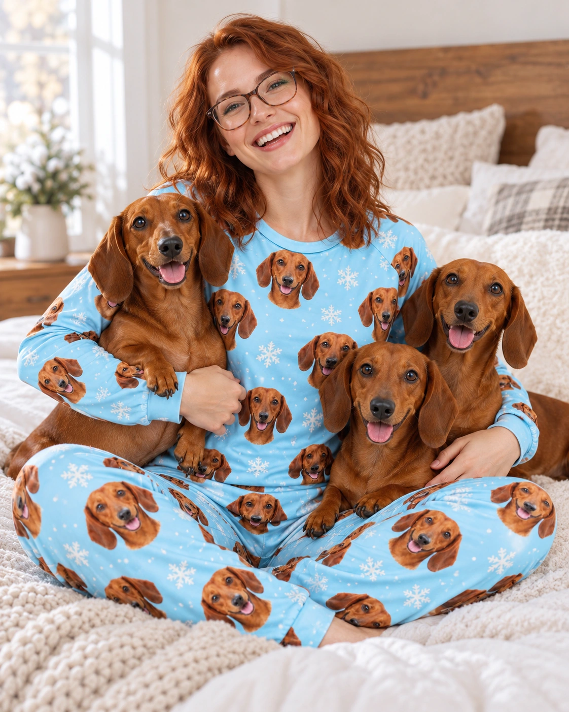 Matching Dachshund Pajamas – With Dog, Light Blue Snowflake | MyDogPics Woman in matching dachshund pajamas with her Dachshund — MyDogPics