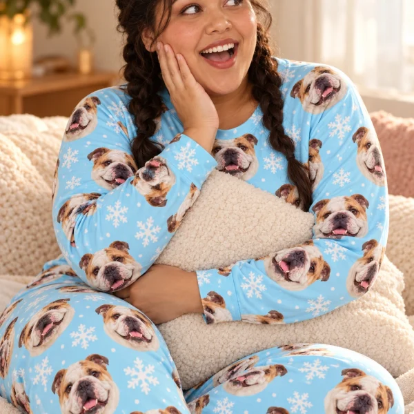 Close-up of the matching english bulldog pajamas print with white-and-fawn English Bulldog faces — MyDogPics
