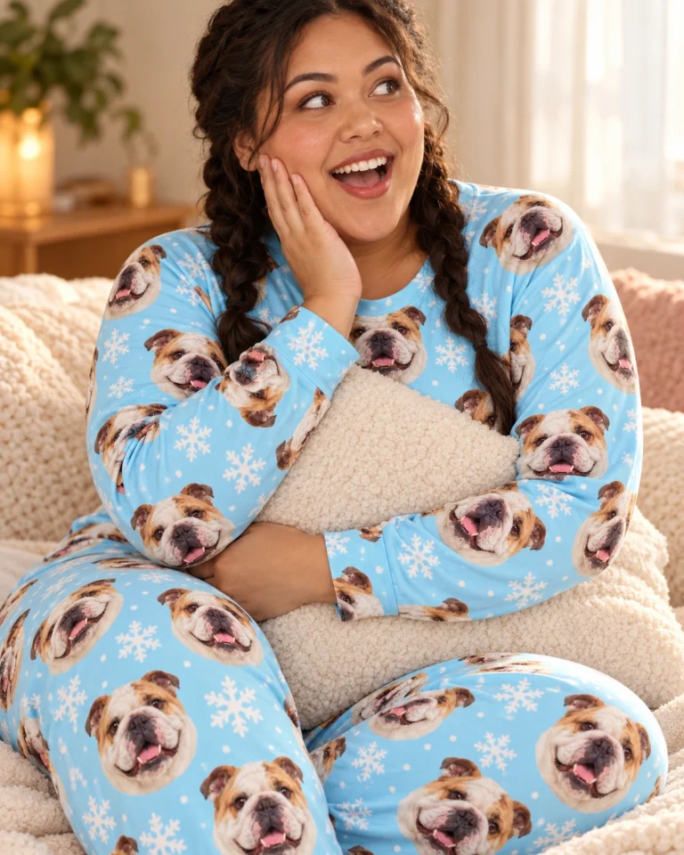 Close-up of the matching english bulldog pajamas print with white-and-fawn English Bulldog faces — MyDogPics