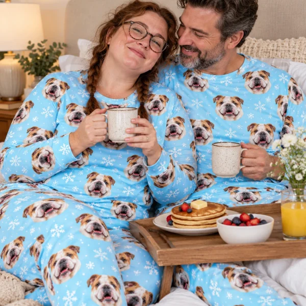 Woman and her partner in matching matching english bulldog pajamas with white-and-fawn English Bulldog faces — MyDogPics