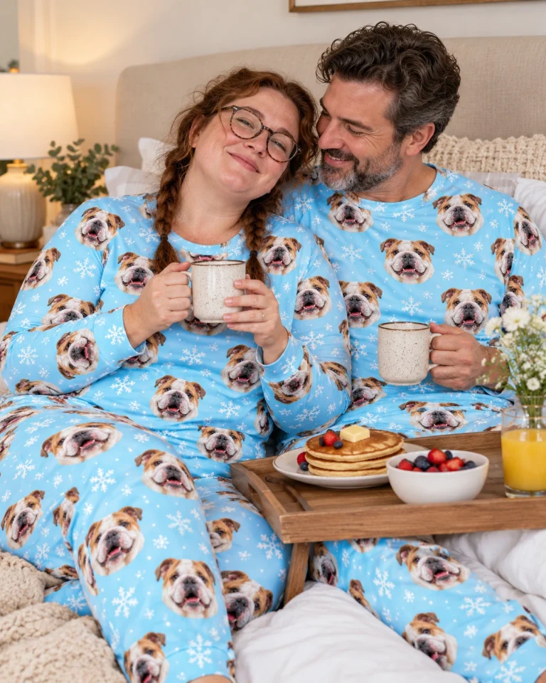 Woman and her partner in matching matching english bulldog pajamas with white-and-fawn English Bulldog faces — MyDogPics
