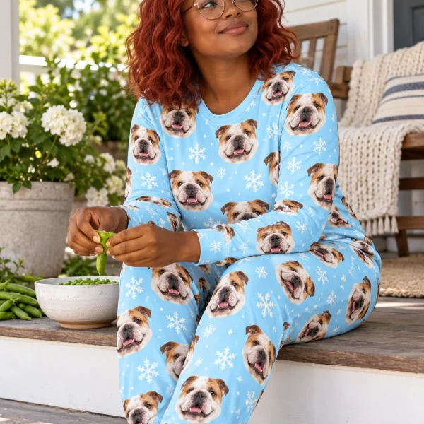 Woman sitting in matching english bulldog pajamas covered in white-and-fawn English Bulldog faces — MyDogPics