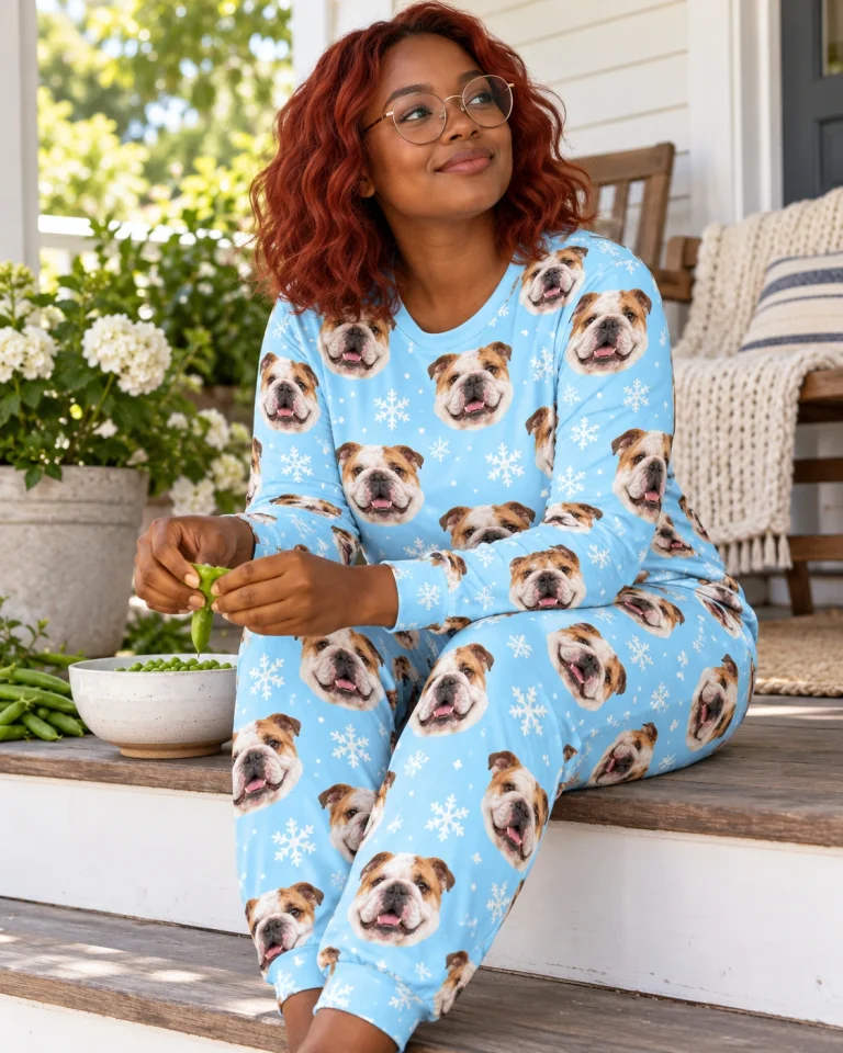 Woman sitting in matching english bulldog pajamas covered in white-and-fawn English Bulldog faces — MyDogPics
