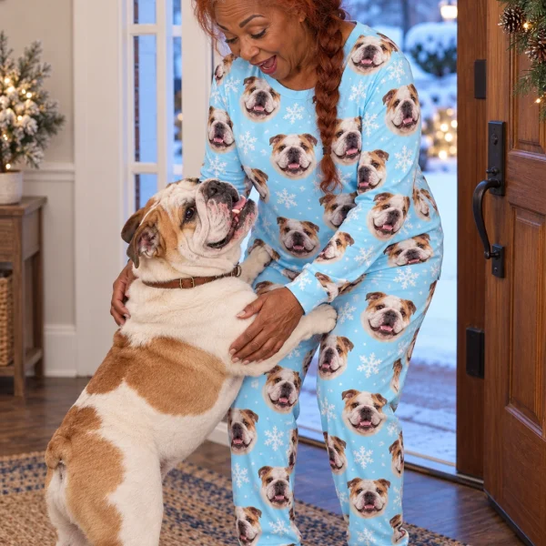 Woman in matching english bulldog pajamas with her Bulldog — MyDogPics