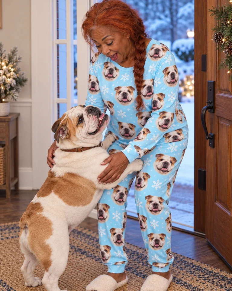Woman in matching english bulldog pajamas with her Bulldog — MyDogPics