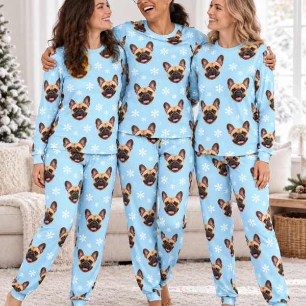 Woman and her friends in matching matching French bulldog pajamas with fawn French Bulldog faces — MyDogPics