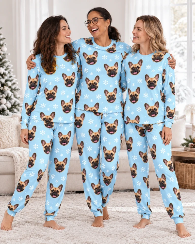 Woman and her friends in matching matching French bulldog pajamas with fawn French Bulldog faces — MyDogPics
