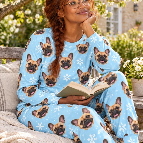 Woman sitting in matching French bulldog pajamas covered in fawn French Bulldog faces — MyDogPics
