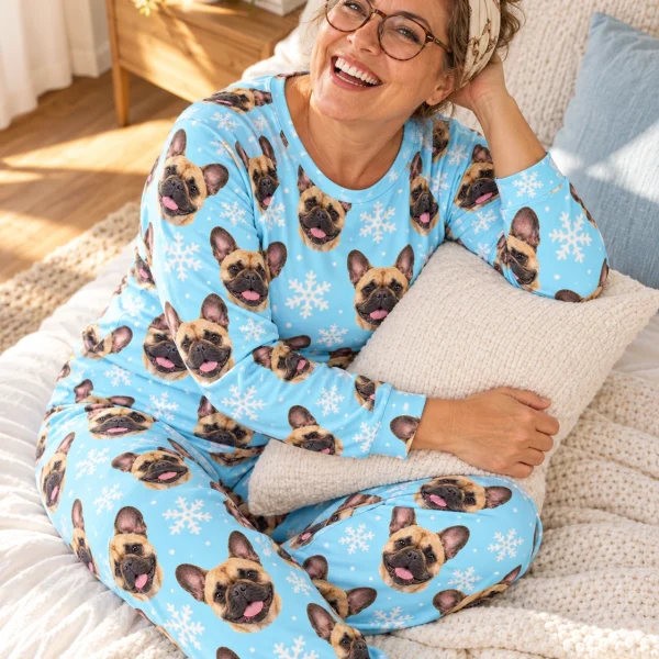 Woman sitting in matching French bulldog pajamas covered in fawn French Bulldog faces — MyDogPics