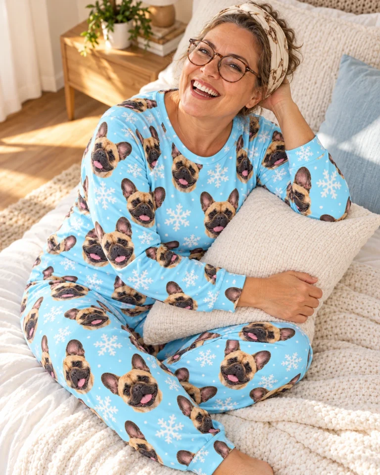 Woman sitting in matching French bulldog pajamas covered in fawn French Bulldog faces — MyDogPics