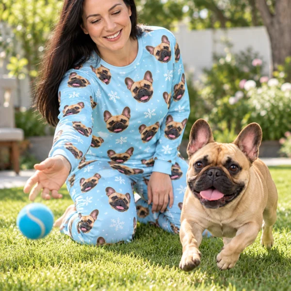 Woman in matching French bulldog pajamas with her French Bulldog — MyDogPics