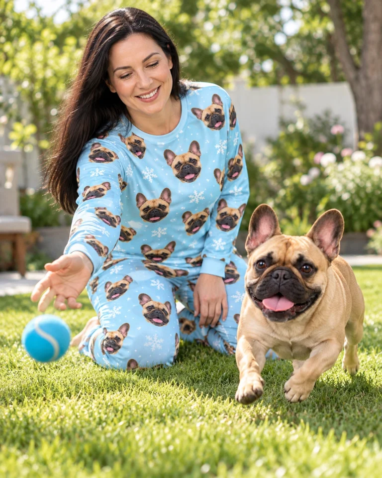 Woman in matching French bulldog pajamas with her French Bulldog — MyDogPics