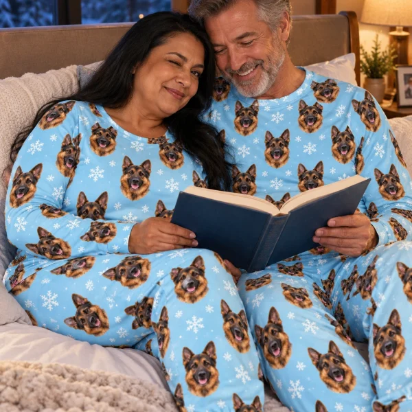 Woman and her friends in matching matching German shepherd pajamas with black-and-tan German Shepherd faces — MyDogPics