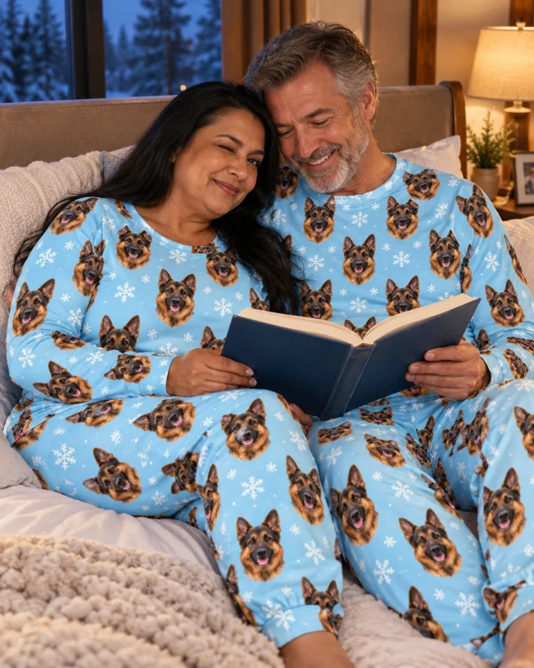 Woman and her friends in matching matching German shepherd pajamas with black-and-tan German Shepherd faces — MyDogPics