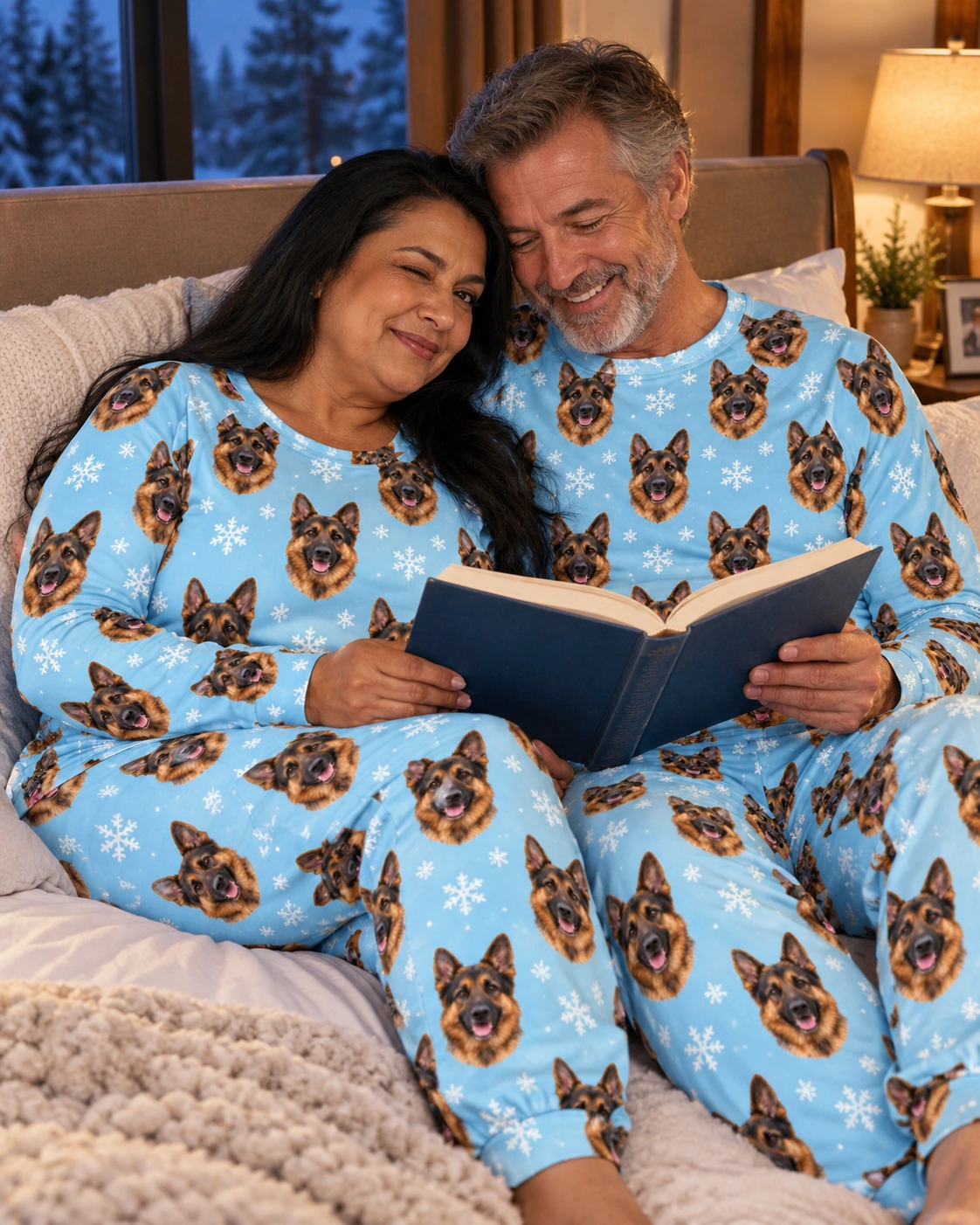 Matching German Shepherd Pajamas – Family, Light Blue Snowflake | MyDogPics Woman and her friends in matching matching German shepherd pajamas with black-and-tan German Shepherd faces — MyDogPics
