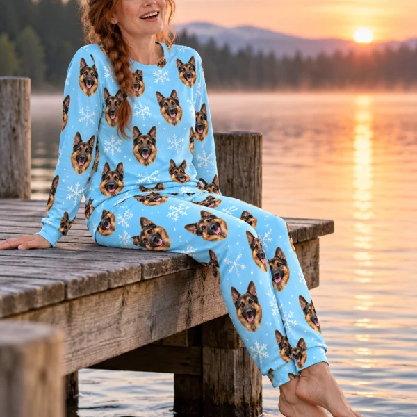 Woman sitting in matching German shepherd pajamas covered in black-and-tan German Shepherd faces — MyDogPics