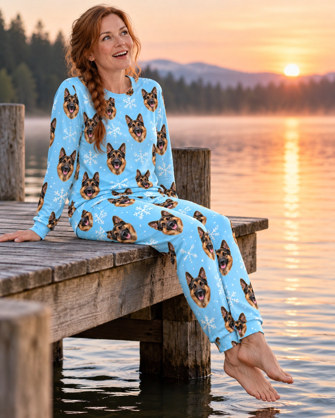 Matching German Shepherd Pajamas – Sitting, Light Blue Snowflake | MyDogPics Woman sitting in matching German shepherd pajamas covered in black-and-tan German Shepherd faces — MyDogPics
