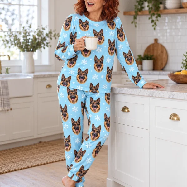 Woman sitting in matching German shepherd pajamas covered in black-and-tan German Shepherd faces — MyDogPics