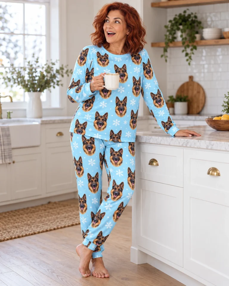 Woman sitting in matching German shepherd pajamas covered in black-and-tan German Shepherd faces — MyDogPics