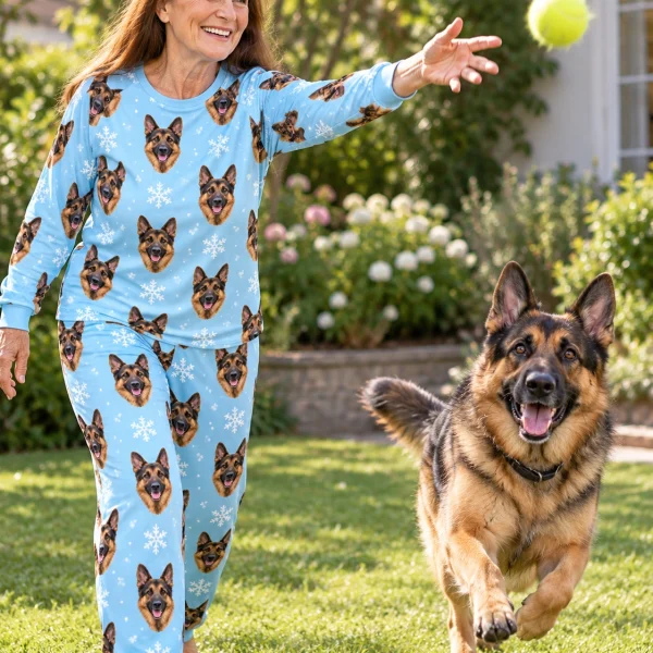 Woman in matching German shepherd pajamas with her German Shepherd — MyDogPics