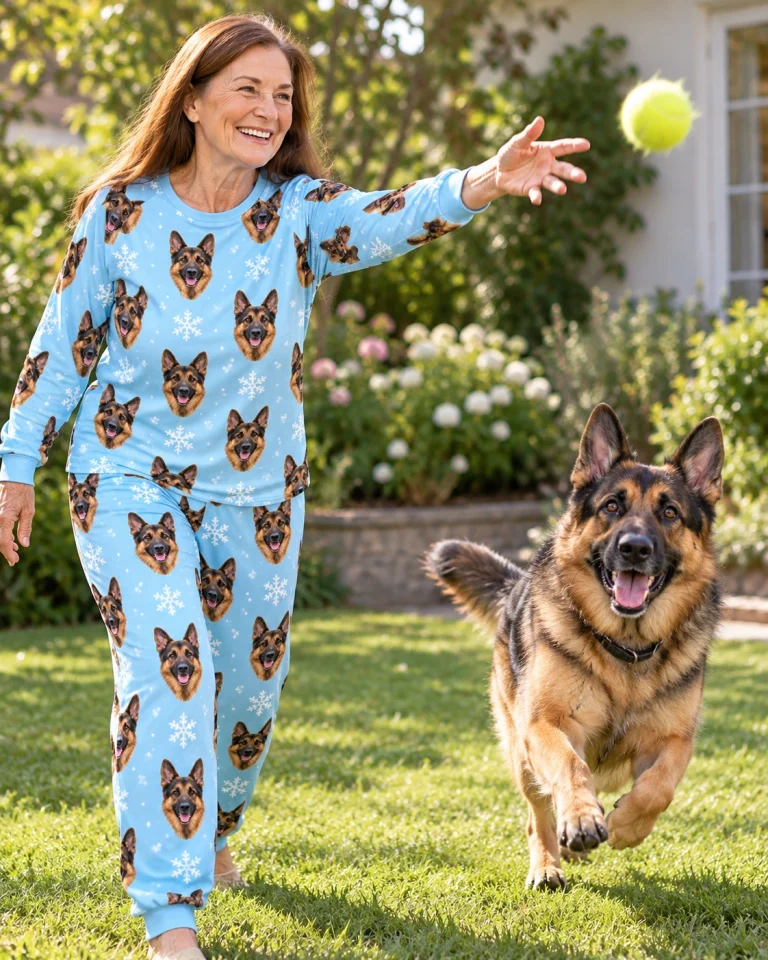 Woman in matching German shepherd pajamas with her German Shepherd — MyDogPics