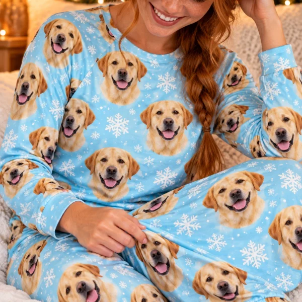 Close-up of the matching labrador pajamas print: yellow Labrador Retriever faces on light blue snowflake fabric — MyDogPics