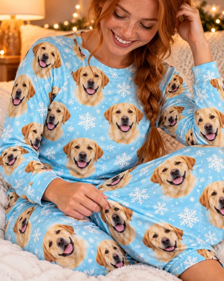 Close-up of the matching labrador pajamas print: yellow Labrador Retriever faces on light blue snowflake fabric — MyDogPics