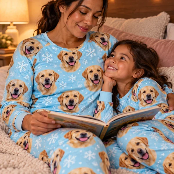 Woman and her daughter in matching matching labrador pajamas with yellow Labrador Retriever faces — MyDogPics