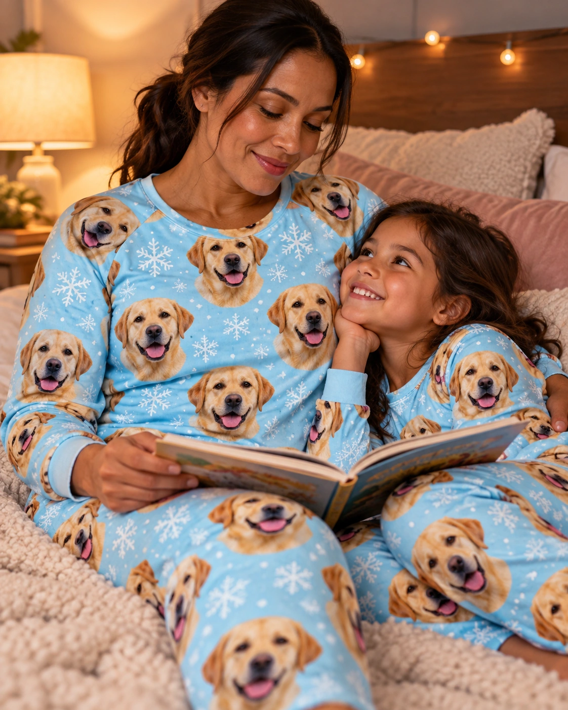 Matching Labrador Pajamas – Family, Light Blue Snowflake | MyDogPics Woman and her daughter in matching matching labrador pajamas with yellow Labrador Retriever faces — MyDogPics