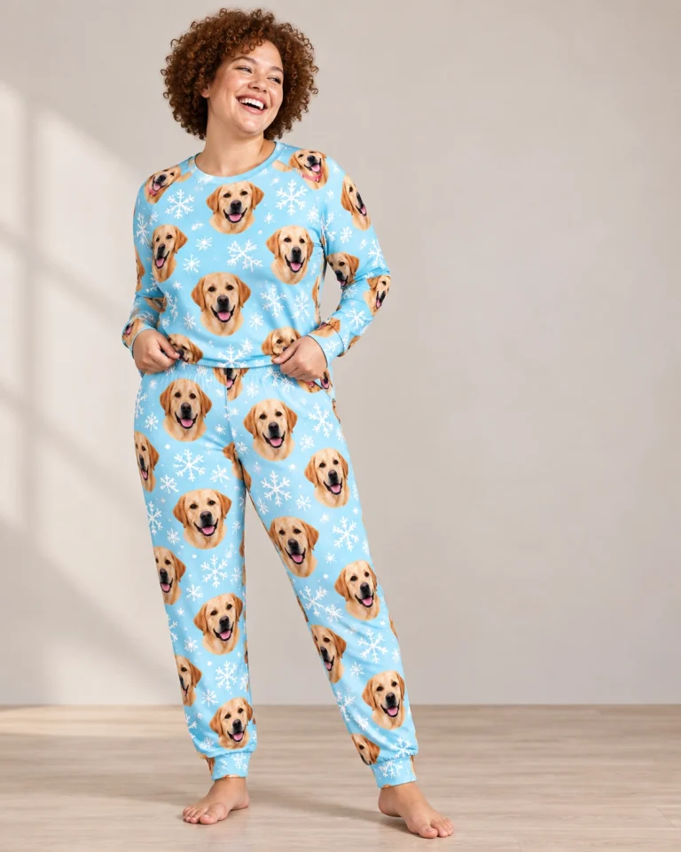 Woman wearing matching labrador pajamas covered in yellow Labrador Retriever faces on light blue snowflake fabric — MyDogPics