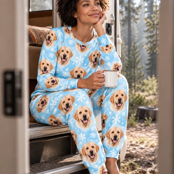 Woman sitting in matching labrador pajamas covered in yellow Labrador Retriever faces — MyDogPics