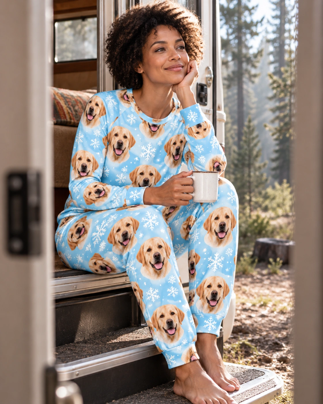 Matching Labrador Pajamas – Sitting, Light Blue Snowflake | MyDogPics Woman sitting in matching labrador pajamas covered in yellow Labrador Retriever faces — MyDogPics