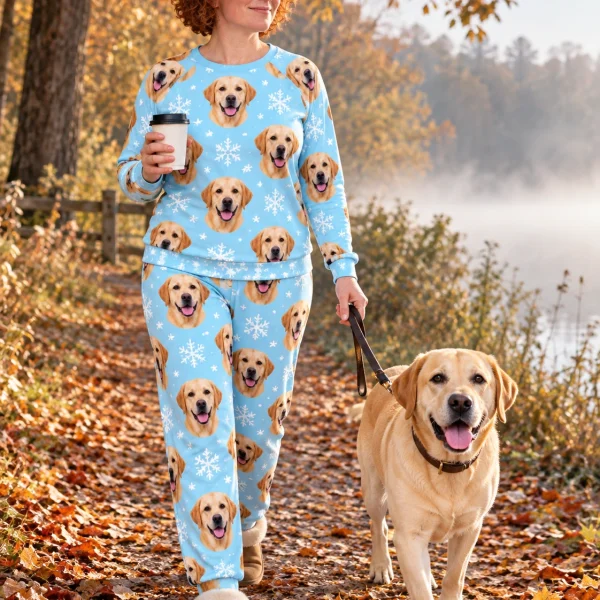 Woman in matching labrador pajamas with her Labrador Retriever — MyDogPics