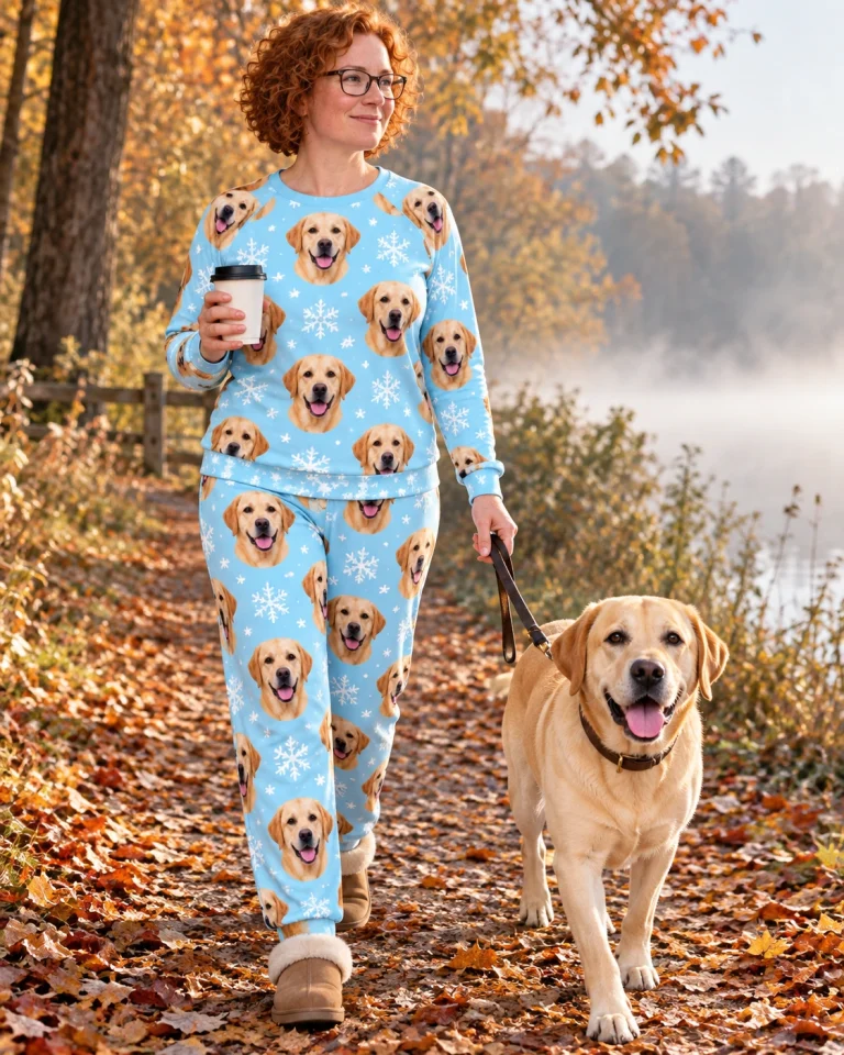 Woman in matching labrador pajamas with her Labrador Retriever — MyDogPics