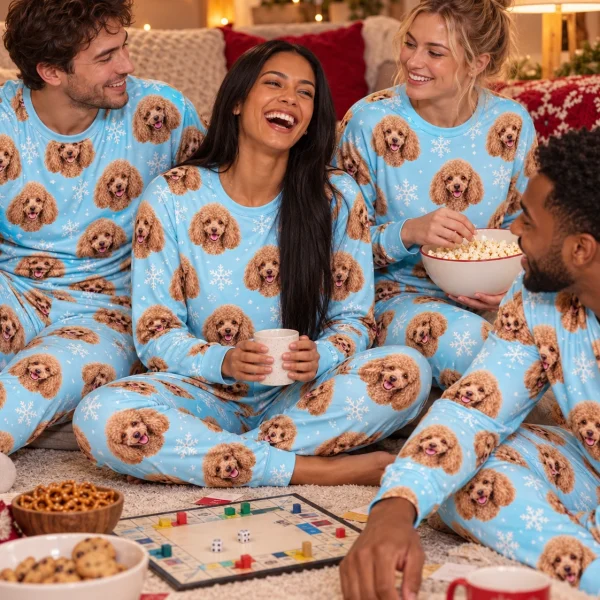 Woman and her friends in matching matching poodle pajamas with apricot Poodle faces — MyDogPics