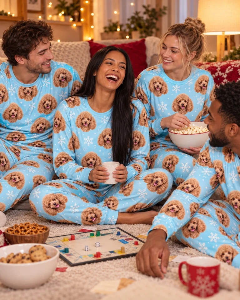 Woman and her friends in matching matching poodle pajamas with apricot Poodle faces — MyDogPics