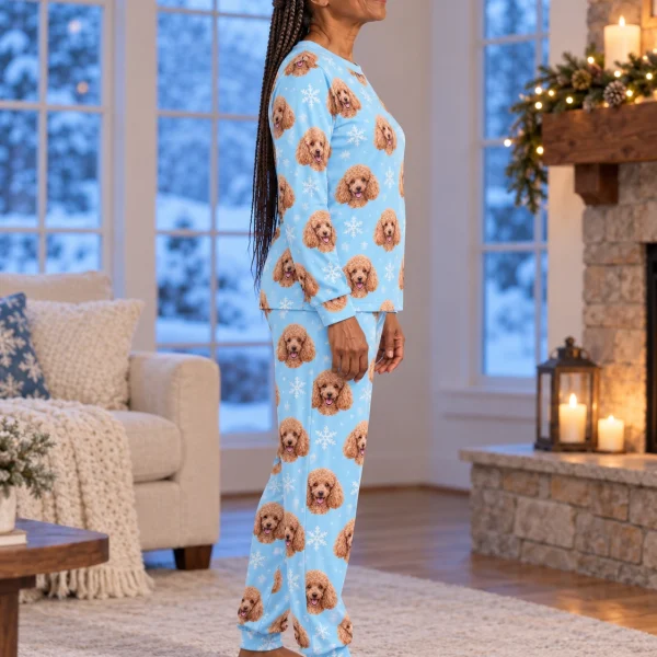 Side view of matching poodle pajamas with apricot Poodle faces on light blue snowflake fabric — MyDogPics