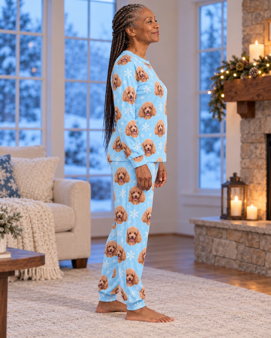 Matching Poodle Pajamas – Side View, Light Blue Snowflake | MyDogPics Side view of matching poodle pajamas with apricot Poodle faces on light blue snowflake fabric — MyDogPics