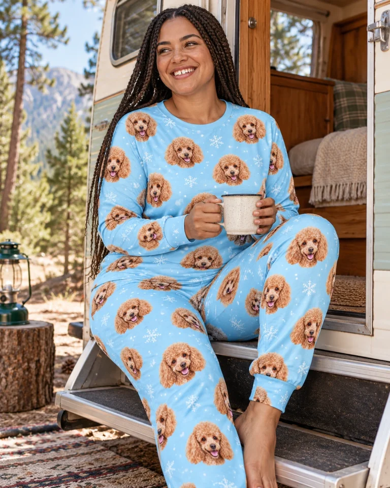 Woman sitting in matching poodle pajamas covered in apricot Poodle faces — MyDogPics
