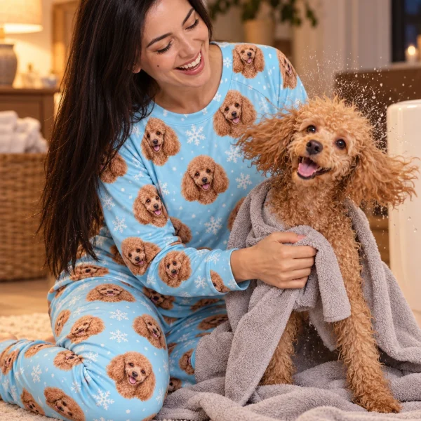 Woman in matching poodle pajamas with her Poodle — MyDogPics