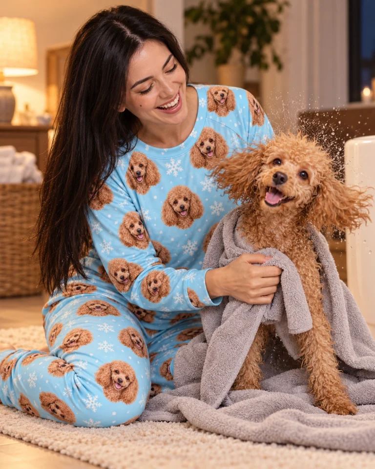 Woman in matching poodle pajamas with her Poodle — MyDogPics