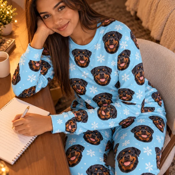 Woman sitting in matching rottweiler pajamas covered in black-and-mahogany Rottweiler faces — MyDogPics