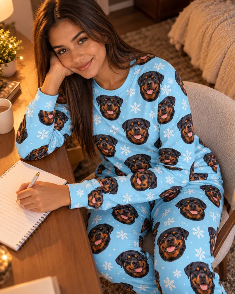 Woman sitting in matching rottweiler pajamas covered in black-and-mahogany Rottweiler faces — MyDogPics