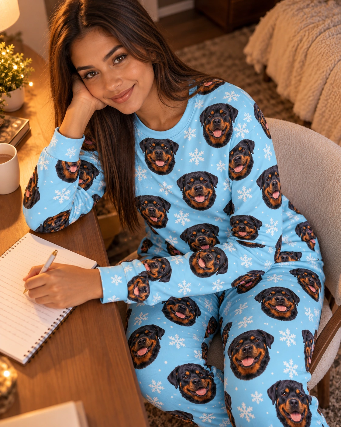 Matching Rottweiler Pajamas – Sitting, Light Blue Snowflake | MyDogPics Woman sitting in matching rottweiler pajamas covered in black-and-mahogany Rottweiler faces — MyDogPics