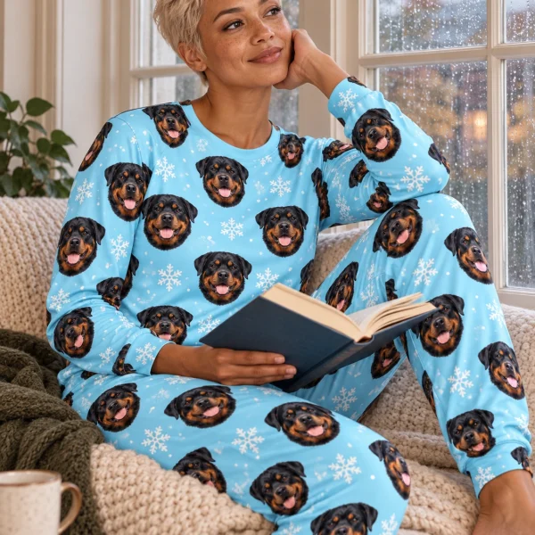 Woman sitting in matching rottweiler pajamas covered in black-and-mahogany Rottweiler faces — MyDogPics