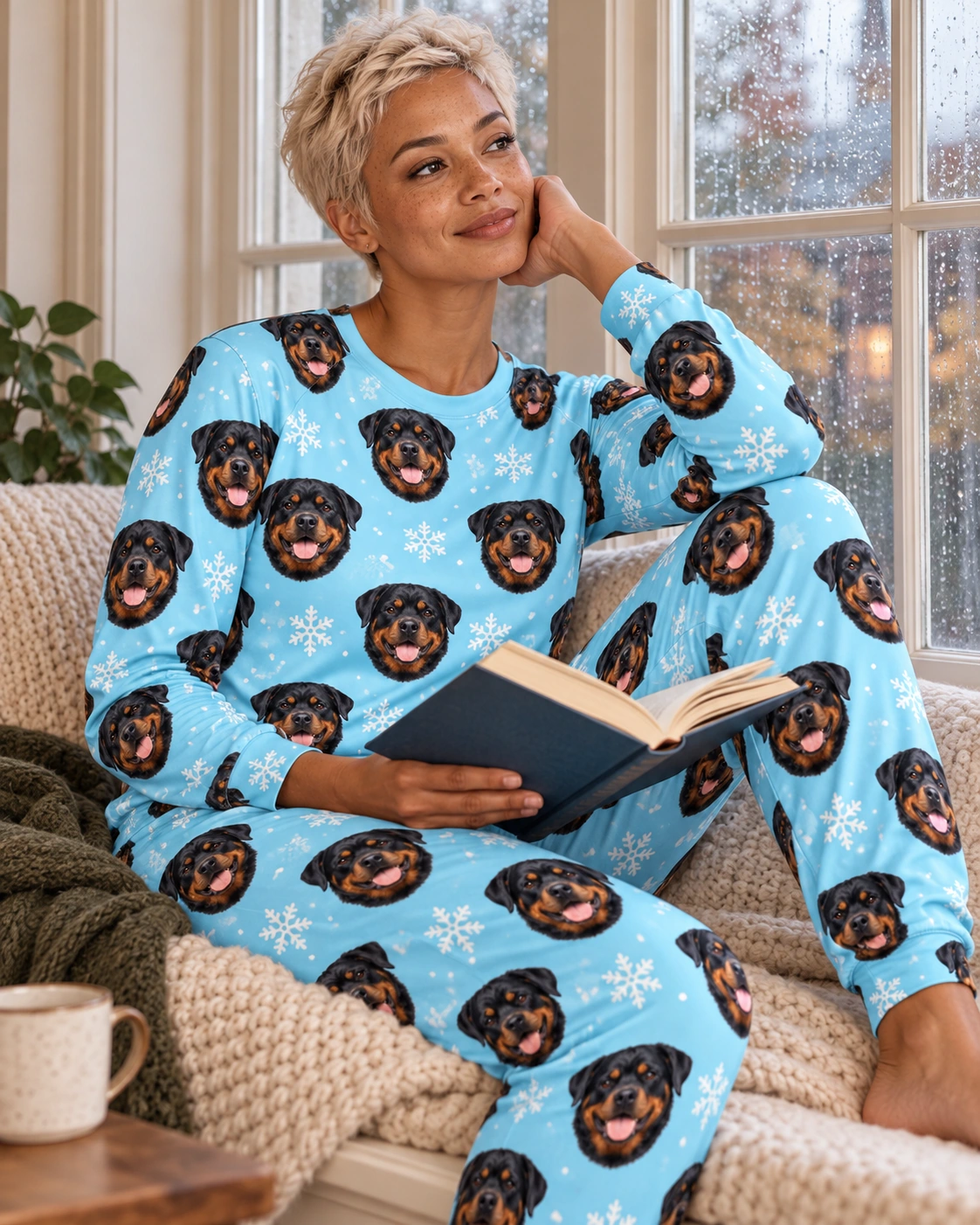 Matching Rottweiler Pajamas – Sitting, Light Blue Snowflake | MyDogPics Woman sitting in matching rottweiler pajamas covered in black-and-mahogany Rottweiler faces — MyDogPics