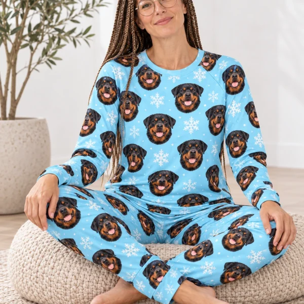 Woman sitting in matching rottweiler pajamas covered in black-and-mahogany Rottweiler faces — MyDogPics