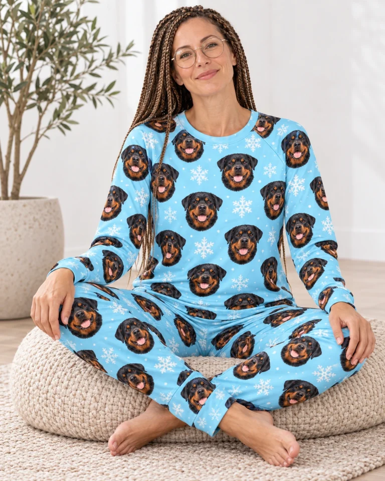 Woman sitting in matching rottweiler pajamas covered in black-and-mahogany Rottweiler faces — MyDogPics