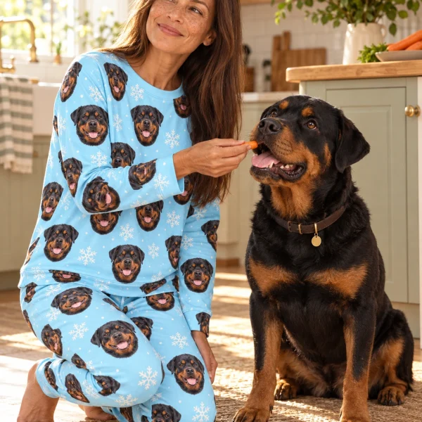 Woman in matching rottweiler pajamas with her Rottweiler — MyDogPics